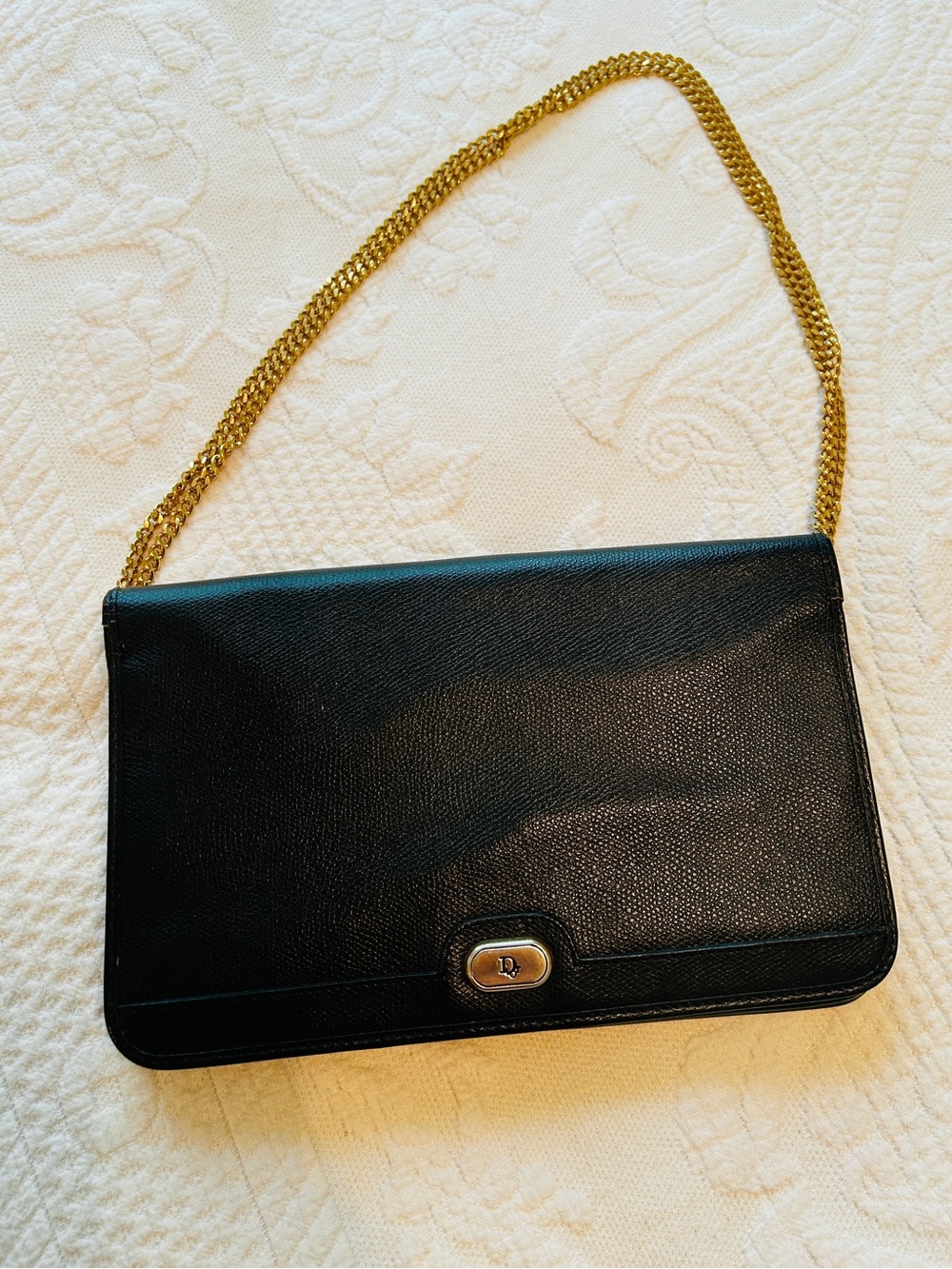 Christian Dior Vintage Black Leather 2-Way Crossbody Shoulder Bag w Gold Chain